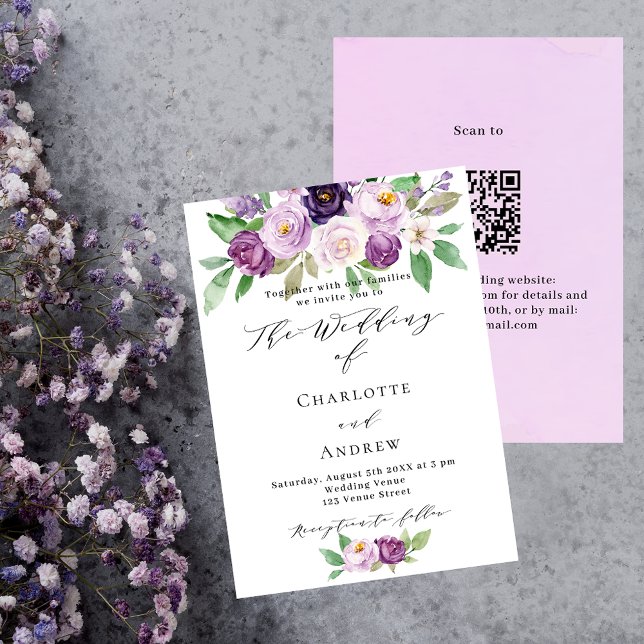 Invitation Violet rose violet fleurs violet QR RSVP mariage d (Créateur téléchargé)