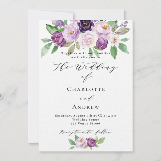 Invitation Violet rose violet floraux violet mariage de luxe (Devant)