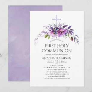 Invitation Violet roussâtre Pavot Floral Première Sainte Comm