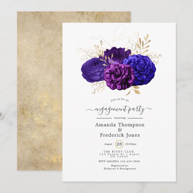 Invitation Violet, Royal Blue & Gold Floral Engagement Party (Devant / Derrière)