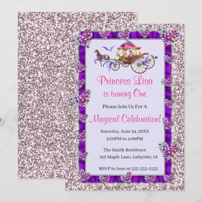 Invitation Violet Ruban rose Parties scintillant Royal Prince (Devant / Derrière)