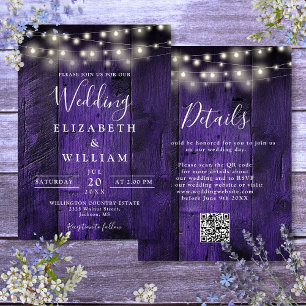 Invitation Violet Rustique Bois Mariage Lumières de chaîne QR