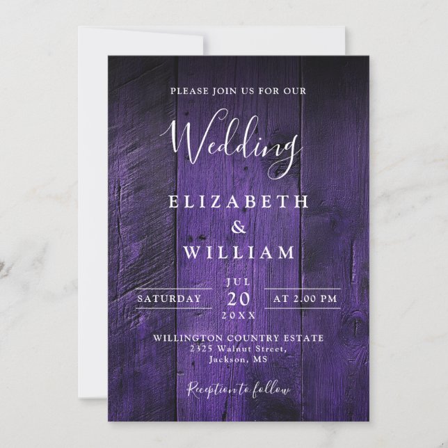 Invitation Violet Rustique Grange Bois Tout en un Mariage (Devant)