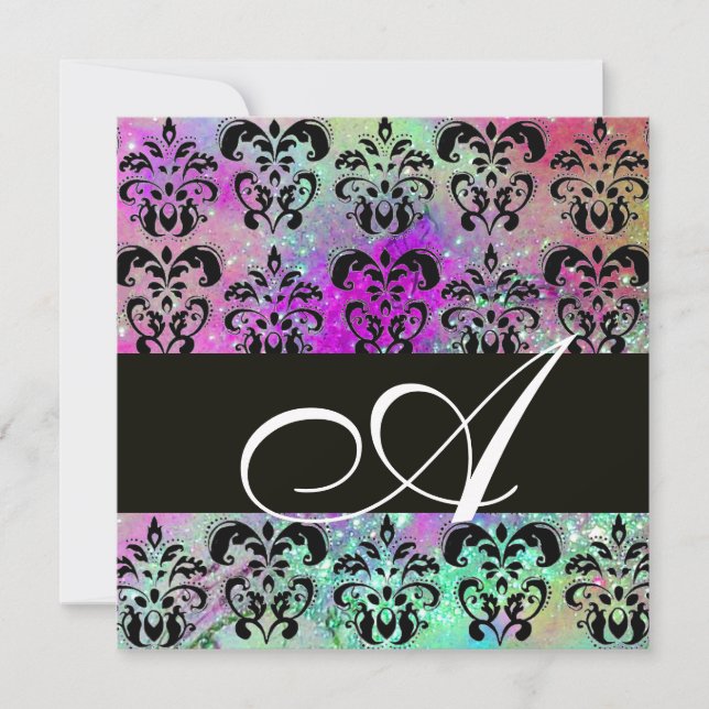 INVITATION VIOLET TEAL AQUA BLEU NOIR DAMAS MONOGRAMME (Devant)