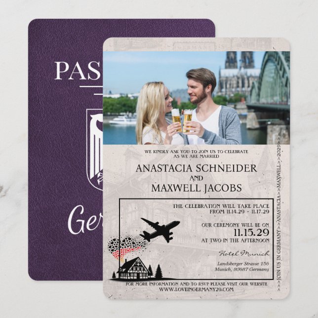 Invitation Violet violet Allemagne Mariage de passeport (Devant / Derrière)