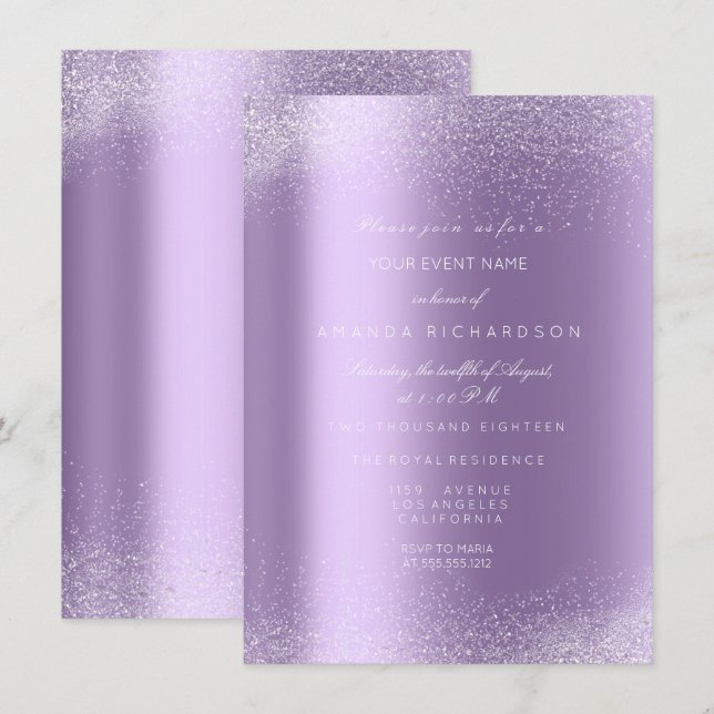 Invitation Violet Violet Blanc Paillettes Feuilles Cadre Sabl (Devant / Derrière)