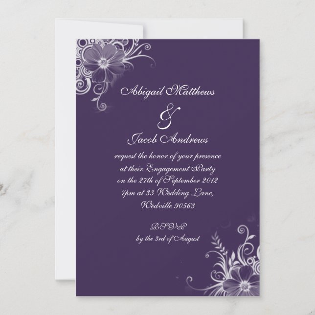 Invitation Violet Violet Et Fleurs Blanches : Partie D'Engage (Devant)
