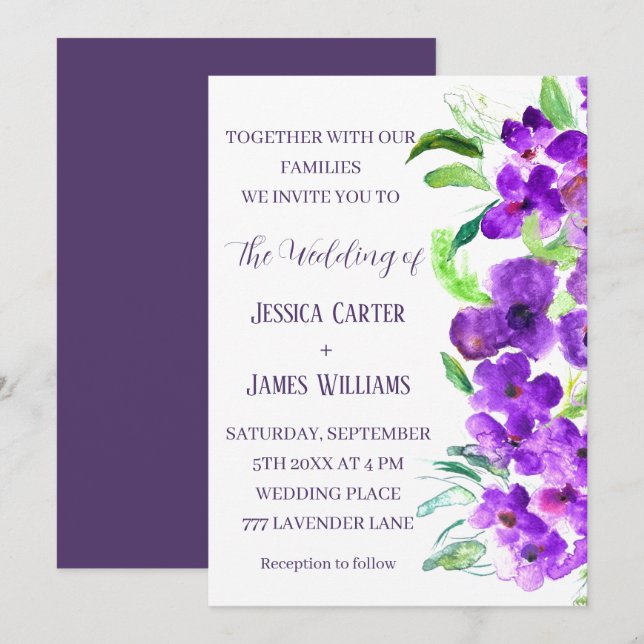 Invitation Violet violet Floral Boho Mariage d'été (Devant / Derrière)