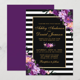 Invitation Violet violet Floral or noir rayures Mariage BP