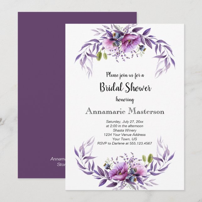 Invitation Violet Violet Lavande Fête des mariées florale (Devant / Derrière)