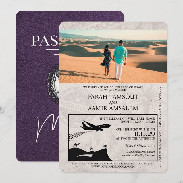 Invitation Violet violet Mariage du passeport marocain (Devant / Derrière)