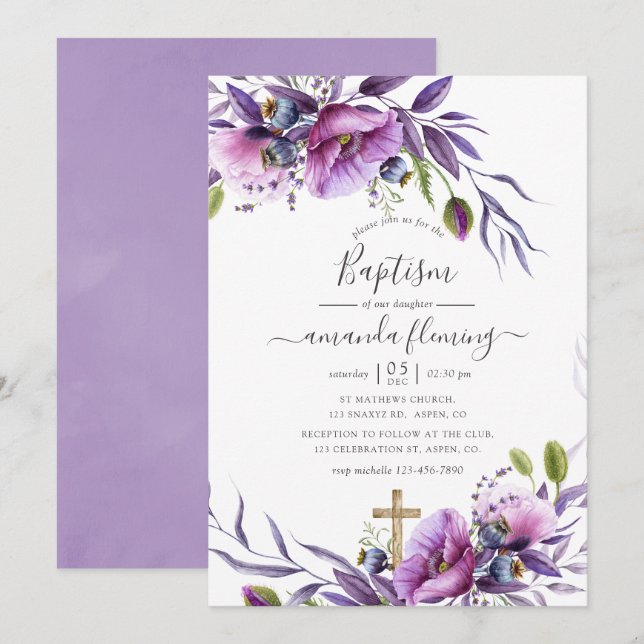 Invitation Violet Violet Pavot Floral Baptême (Devant / Derrière)