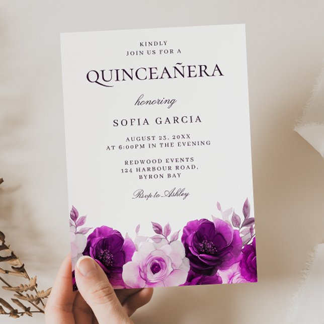 Invitation Violet violet violet Roses Floral Quinceanera (Créateur téléchargé)