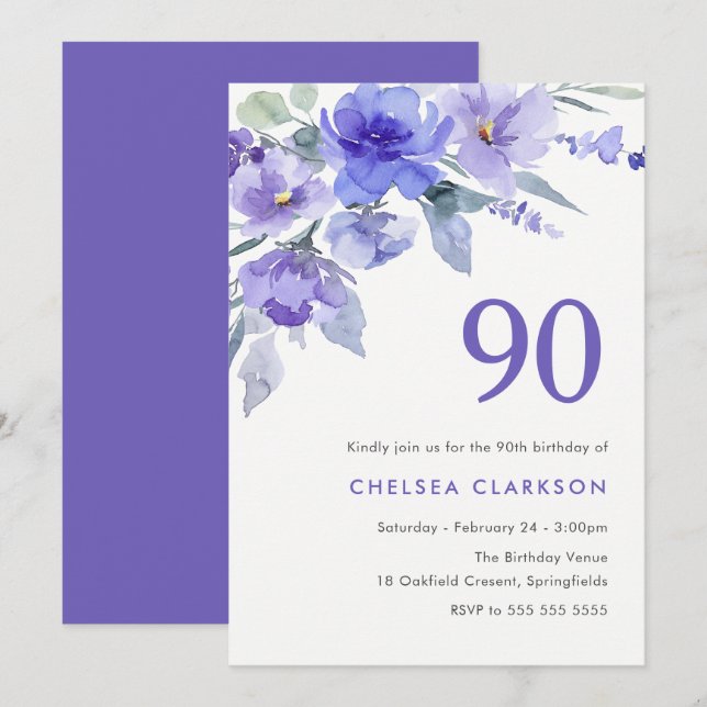 Invitation Violette violette & Lavande 90e fête d'anniversair (Devant / Derrière)