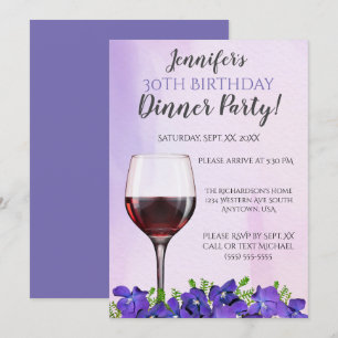 Invitation Violettes et Verre à Vin 30e anniversaire Dîner fê