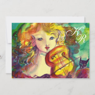 Invitation VIOLINISTE FILLE, VIOLIN ET CAT Sweet! 6 Monogramm