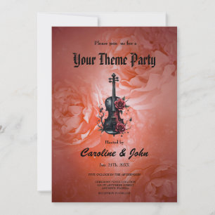 Invitation Violon noir gothique aux roses rouges