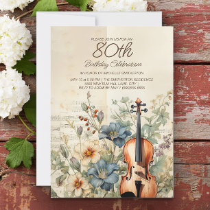 Invitation Violon vintage Dusty Blue Flowers 80e anniversaire