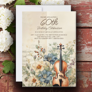 Invitation Violon Vintage Fleurs Bleu Poussiéreux 60e Anniver