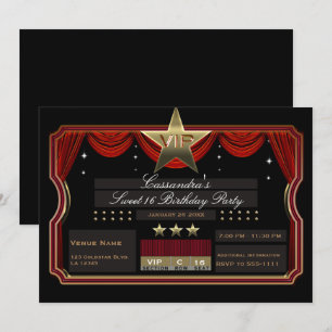 Invitation VIP Étoile d'Or Rouge et Noir Élégante Fête d'Anni