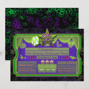 Invitation VIP Halloween vert et violet lueur fête d'annivers