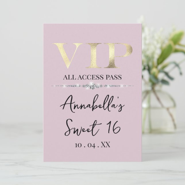 Invitation VIP Or en Glamour sur Fond Rose (Debout devant)