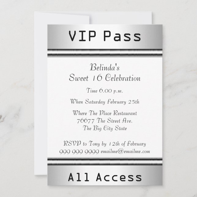 Invitation VIP pass Sweet 16 Anniversaire Blanc (Devant)