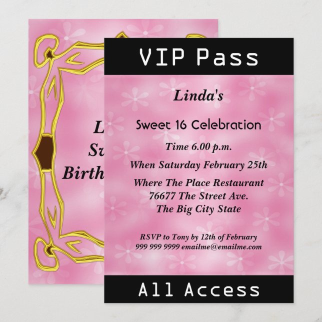 Invitation VIP pass Sweet 16 Anniversaire Pink (Devant / Derrière)