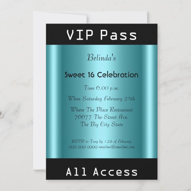 Invitation VIP pass Sweet 16 fête d'anniversaire Noir Turquoi (Devant)
