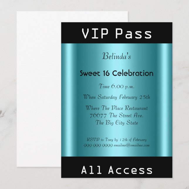 Invitation VIP pass Sweet 16 fête d'anniversaire Noir Turquoi (Devant / Derrière)