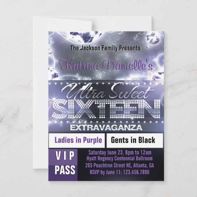 Invitation VIP Pass Sweet sixteen à brillance diam (Devant)
