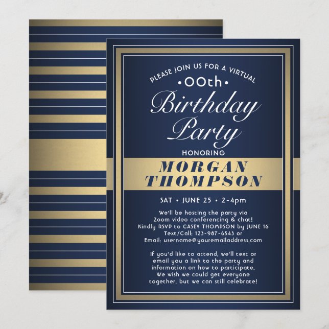 Invitation Virtual Any Anniversaire Marine Blue Gold & White  (Devant / Derrière)