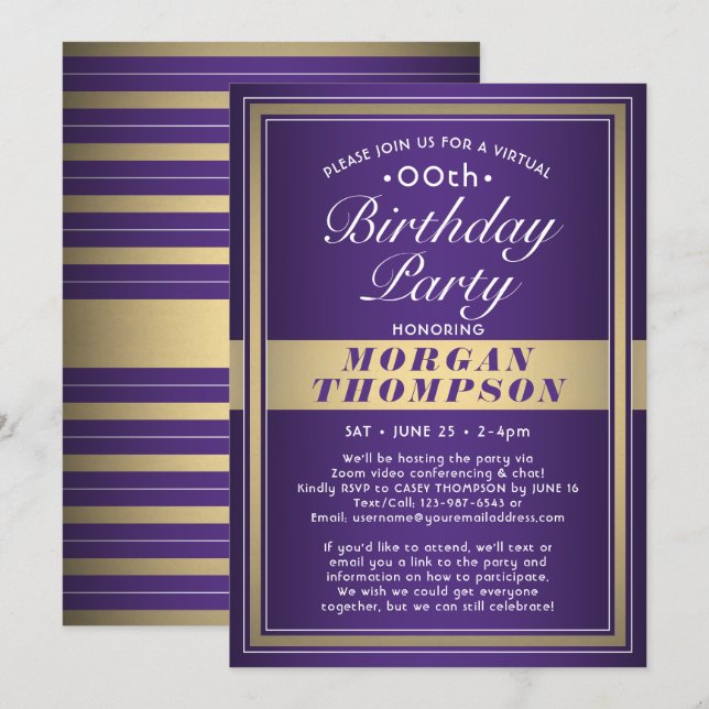 Invitation Virtual Any Anniversaire Purple Gold et White Part (Devant / Derrière)