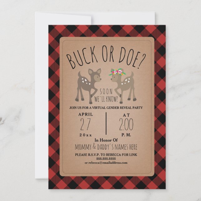 Invitation Virtual Baby Gender Reveal Party Deer Plaid (Devant)