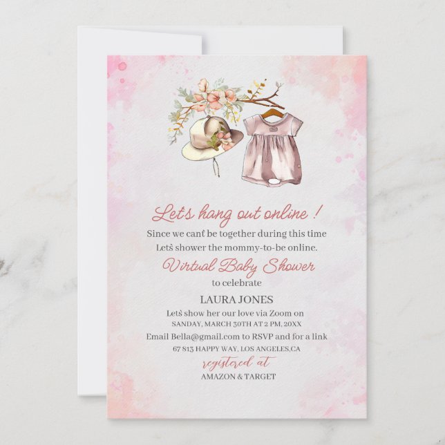 Invitation Virtual Baby Girls watercolor BabyInvitation (Devant)