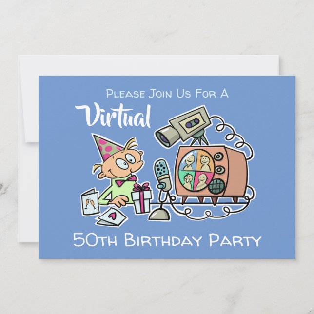 Invitation Virtual Birthday Party 50th Funny Cartoon Blue Men (Devant)