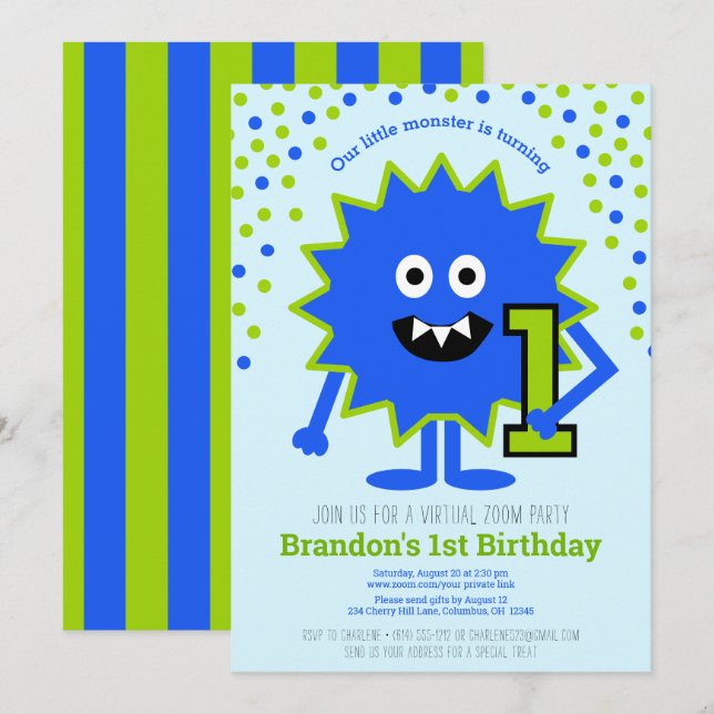 Invitation Virtual Blue Cute Little Monster Boy 1er anniversa (Devant / Derrière)