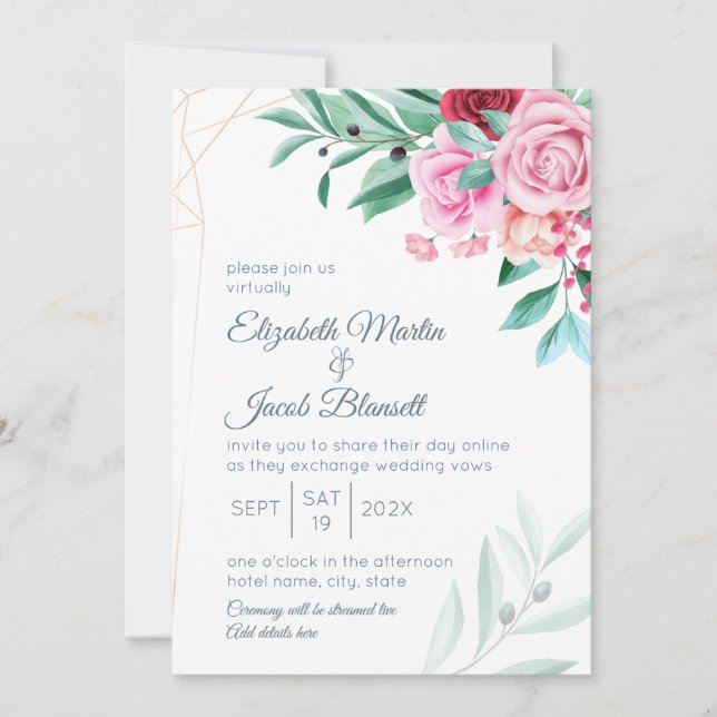 Invitation Virtual Modern Floral Mariage Roses & Eucalyptus (Devant)