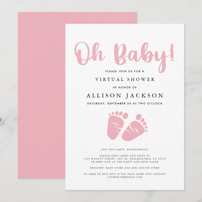 Invitation Virtual Oh Baby Girl Douche rose Pieds bébé simple (Devant / Derrière)
