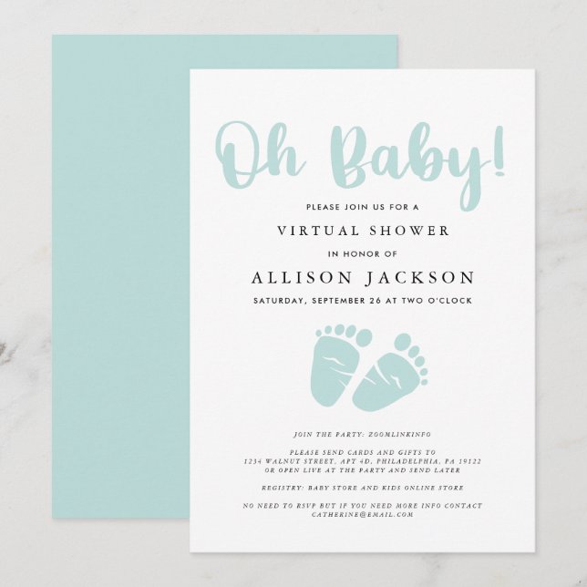 Invitation Virtual Oh Baby shower Lumière Menthe Green Pieds  (Devant / Derrière)