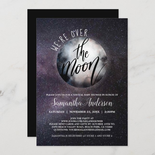 Invitation Virtual Over the Moon Baby shower (Devant / Derrière)