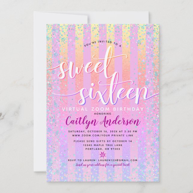 Invitation Virtual Rainbow Ombre Girly Sweet sixteen (Devant)