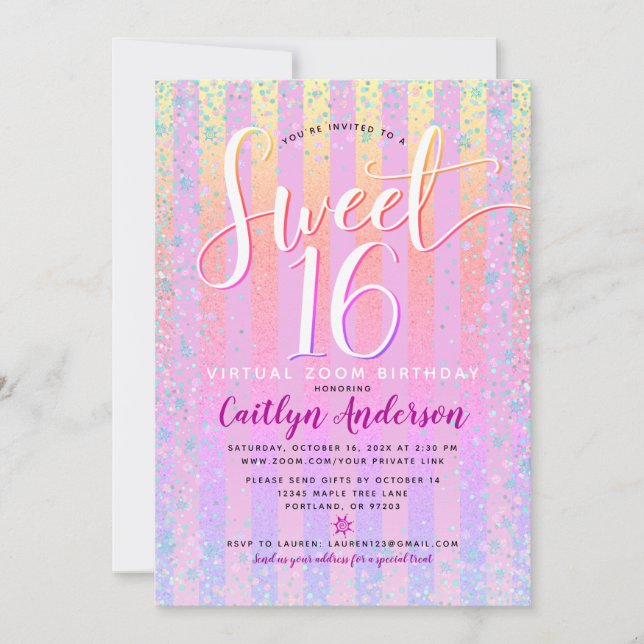 Invitation Virtual Rainbow Ombre Sweet 16 Birthday Girly Chic (Devant)
