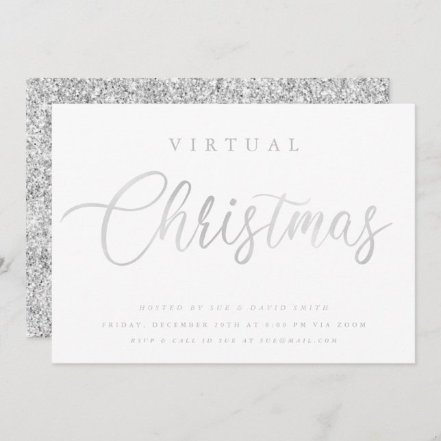 Invitation VIRTUAL Silver White Christmas Online Party (Devant / Derrière)