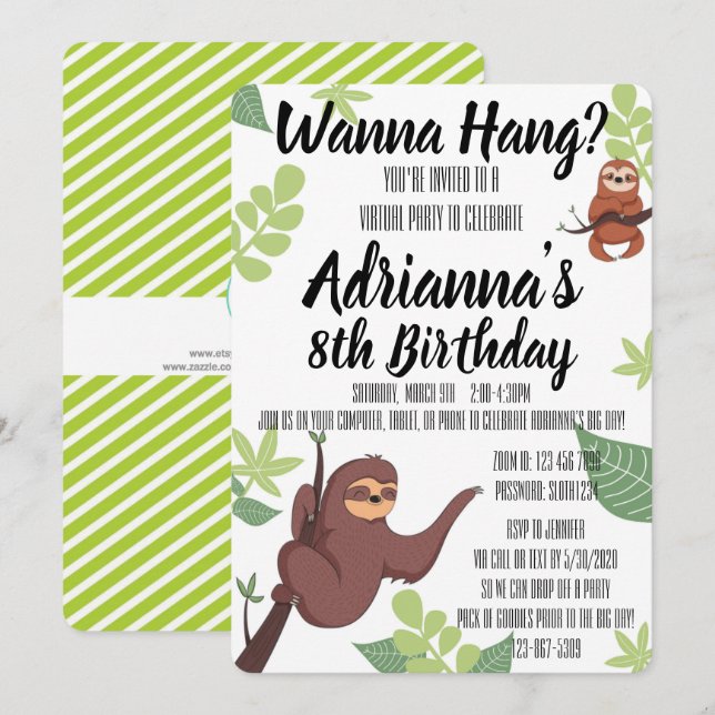 Invitation Virtual Sloth - Wanna Hang? Thème Anniversaire (Devant / Derrière)
