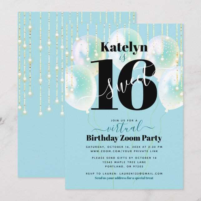 Invitation Virtual Sweet 16 Balloons Bleus Glam Fille Anniver (Devant / Derrière)