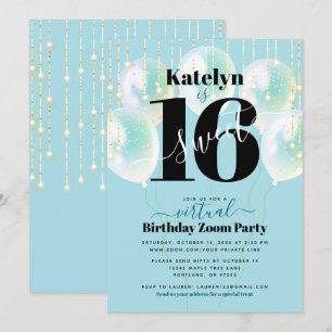 Invitation Virtual Sweet 16 Balloons Bleus Glam Fille Anniver