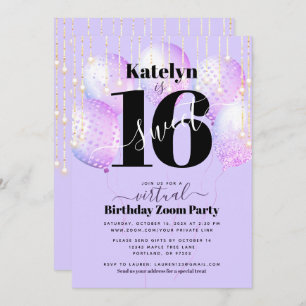 Invitation Virtual Sweet 16 Balloons violets pour fille d'ann