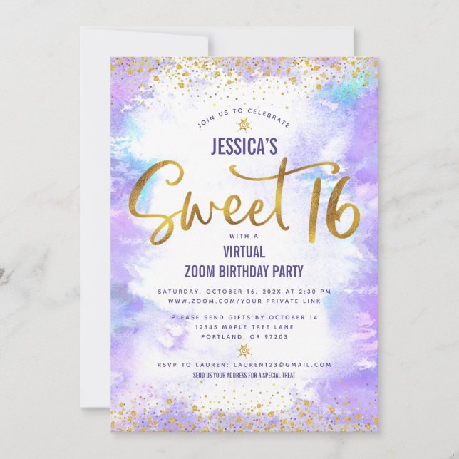 Invitation Virtual Sweet 16 Purple Aquarelle Or Anniversaire (Devant)