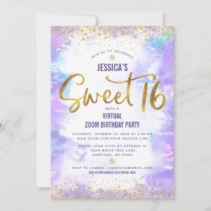 Invitation Virtual Sweet 16 Purple Aquarelle Or Anniversaire